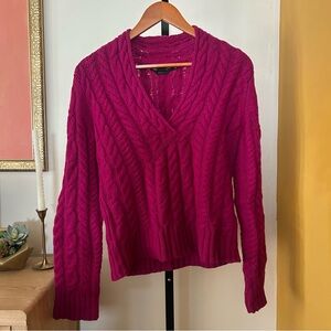 Adrienne Vittadini 100% Cashmere V-Neck Cable Knit Sweater Berry Pink Small